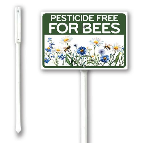 Geroclonup Cartello da giardino senza pesticidi per api con paletti, 20 x 30 cm, robusto cartello in alluminio antiruggine, decorazione per prato e giardino, per uso esterno, facile da installare