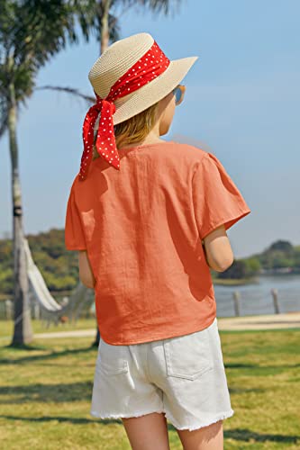 Yobecho Girl Kids Summer Tie Front Knot Short Sleeve Shirts Button Up Cute Tunic Tops Blouse Orange #TOP2