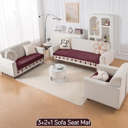 Image of HOKIPO Holland Velvet Sofa Cover Mat for 6 Seater (3+2+1) with Tassel | 'TasselTone Series' | Wine Red (IN-1108+1106+1104-MRN)