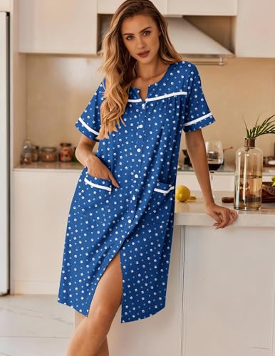 Image of Ekouaer Nightgowns for Women House Dress with Pockets Button Down Sleepshirt Short Sleeve Nightshirt Housecoat