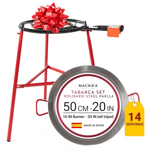 Machika Tabarca Paella Kit with 22-in 55-cm Carbon Steel Pan | 8-16 in Double Ring Paella Burner and Stand Set (33 in) | Perfect for Gastronomic Events, Caterings, Camping | 14 Servings |