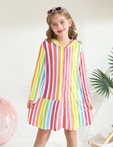 Image of Girls Swim Cover Up Kids Long Sleeve Swimsuit Coverup Terry Beach Pool Clothes with Sunglasses