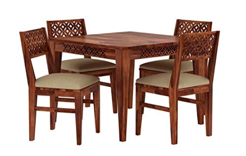 Image of SHRI MINTU'S ART Solid Sheesham Wood Dining Table 4 Seater | Four Seater Dinning Table with 4 Chairs for Home | Chairs with Cushion | Dining Room Sets for Kitchen & Restaurants | Brown Honey Finish