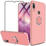 Xiaomi Redmi Note 7 / Redmi Note 7 Pro Case, GUANING [3 in 1] Full Body Protection Matte Shockproof Anti-Scratch Cover 360 Rotating Kickstand Magnetic Ring Holder Case with Tempered Glass, Rose Gold