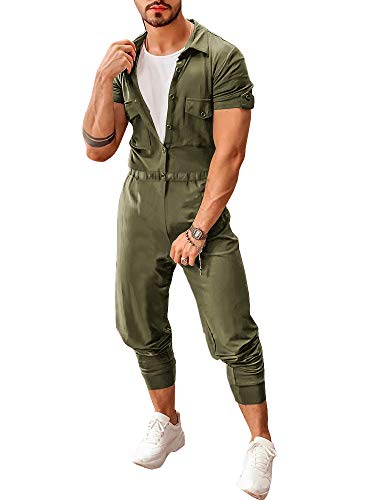 Makkrom Mens Romper Button Down Short Sleeve One Piece Jumpsuit Casual Coverall with Pockets