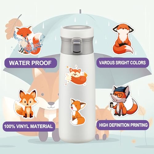 Jeffdad 60 Pcs Cute Fox Stickers Vinyl Waterproof Stickers Cartoon Animal Decorative Sticker for Water Bottles Laptop Luggage Car Bike Phone Case