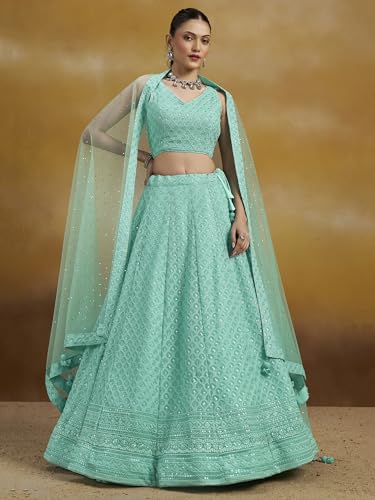 Image of Zeel Clothing Women's Sequins Thread Embroidered Georgette Lehenga Choli With Dupatta (5124-Women-Lehenga-Choli-New; Free size)