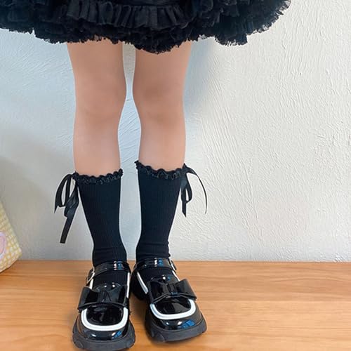 Lace Up Ribbon Bowknot Socks Cotton Midcalf Socks Girl Spring Knitting Socks for Little Girls with Ruffle4