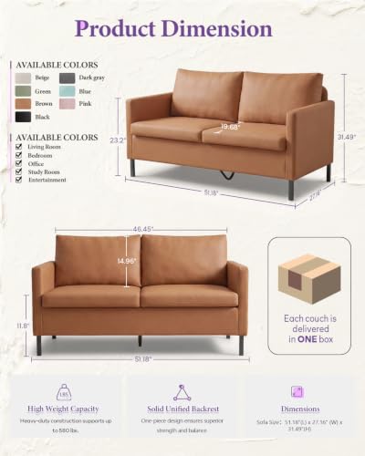 Image of TYBOATLE Brown Faux Leather Small Couch Loveseat, 2-Seater for Living Room | Love Seat, Mini Couch, Small Sofa, Modern Upholstered Design, Bedroom, Dorm, Apartment, Office, Compact Spaces