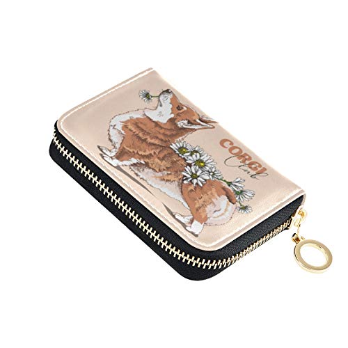 MOYYO RFID Credit Card Holder Case Funny Welsh Corgi Dog With A Chamomile Flowers Leather Printed Zipper Card Case Wallet for Women Girls