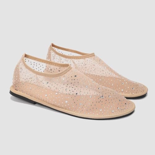 Hee grand Mesh Flats for Women Round Toe Slip On Ballerina Shoes Crystal Rhinestone Studded Drees Shoes4