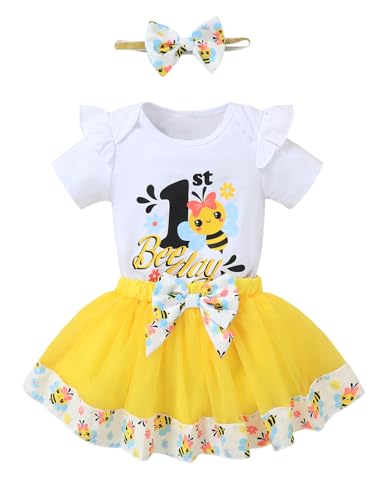 Slanavel Baby Girl 1st Bee Day Outfit Girl 1st Birthday Clothes Set Bee Theme Tulle Skirt Birthday Romper (Yellow 6-12 Months)