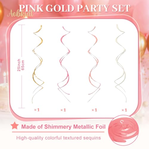 Image of AOBKIAT Pink Gold Party Decorations Kit for Women Girls Birthday,19PCS | with Pom Poms Flowers,Lanterns,Fans,Star Garlands,Swirls for Bridal Shower,Baby Shower,Wedding,Bachelorette,Princess Party
