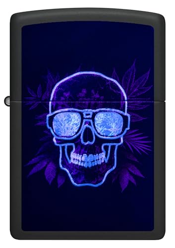 Image of Zippo Windproof Lighter - Cannabis Skull, Black Matte, Black Light - Refillable - Reusable - Windproof Design - Gift Box - Made in USA