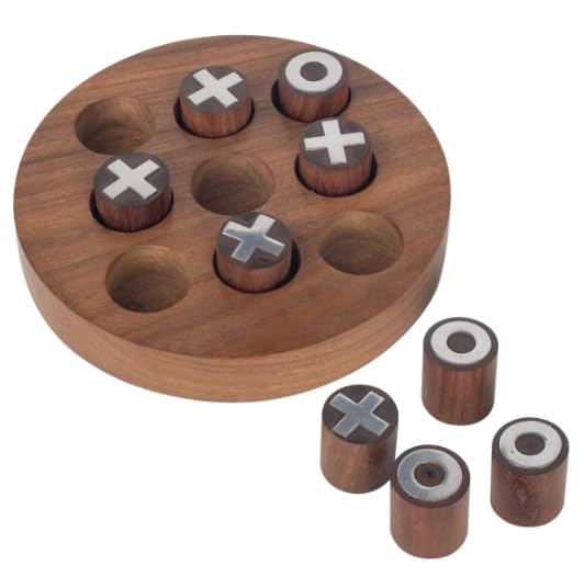 Morpion-Spiel Tic Tac Toe rund aus Holz - Dekoratives Gesellschaftsspiel mit Spielsteinen X und O - 15 cm