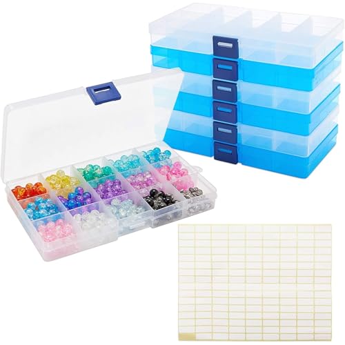 Image of Bright Creations Jewelry Organizer Box - Plastic Grid Compartment Box with Customizable Dividers & Label Stickers - Bead Storage & Craft Storage Organizer - 6-Pack, Clear & Blue, 7 x 4 x 1 in