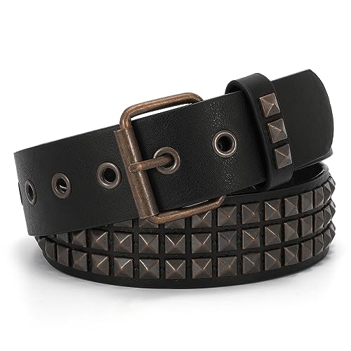 WHIPPY Women Men Rivet Studded Belt Row Pyramid Square Bead PU Faux Leather Punk Rock Grommet Belt for Jeans,Gold Black,M