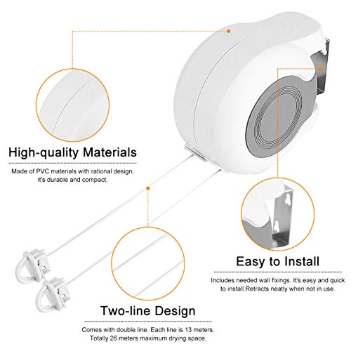 Étendoir à linge mural rétractable double ligne de séchage extensible pour maison - 6