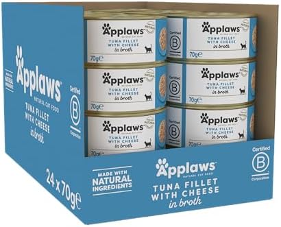 Applaws Premium Natural Katzenfutter Nass, Thunfisch mit Käse in Brühe 70g Dose (24x70g)