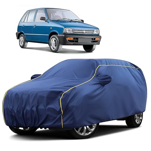 Image of Sulfar 100% Water Resistant Car Body Cover Compatible with Mirror for Maruti Suzuki 800 (Triple Stitched, Full Bottom Elastic, Blue Taffeta with Yellow Piping)