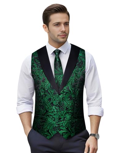 Image of DiBanGu Mens Paisley Suit Vest Silk Jacquard Waistcoat and Necktie Set Formal Shawl Collar Dress Vest 7PCS for Wedding Party