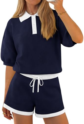 Tankaneo Womens 2 Piece Short Sets Color Block Summer Outfits Half Sleeve Sweater Tops Casual Matching Set