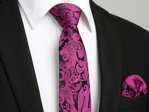 Image of HISDERN Extra Long Ties for Men Classic Floral Tie and Pocket Square Elegant Silk Necktie Handkerchief Set Wedding Party