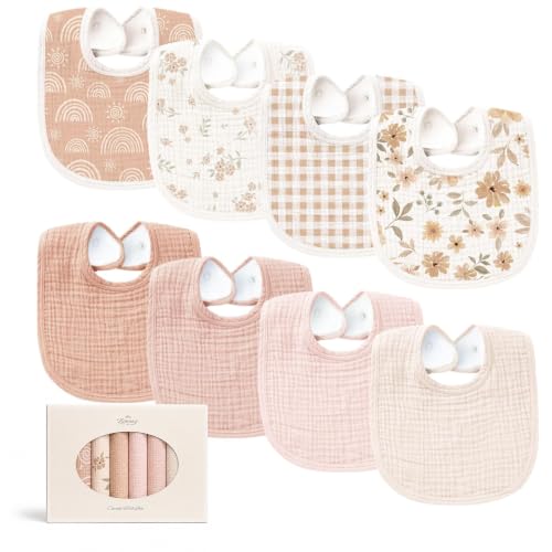 Image of Konssy 8-Pack Muslin Baby Bibs, Adjustable Fit for Drooling and Teething | Soft Absorbent, Drool Bibs for Baby Boys Girls, Cotton Front with Fleece Backing, Newborn to Toddler 0-36M