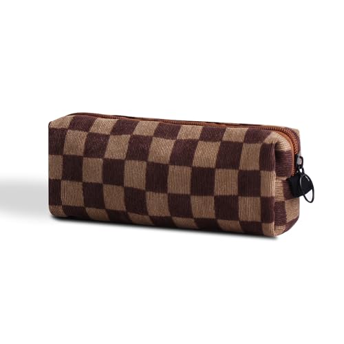 Image of Pencil Case Pen Case Office College School Storage Bag Pouch Holder Box Organizer Makeup Pouch Cosmetic Bag Aesthetic floral flower Cute Pencil Case for Girls Boys Kids (Checkered dark brown)