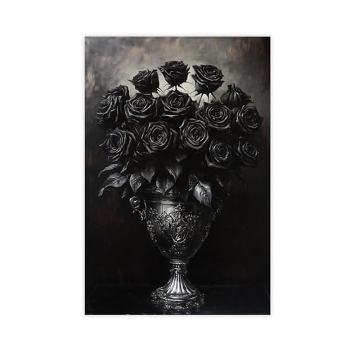 Poster, Gothic-Stil, schwarze Rose, Blumenstrauß, Leinwand, Wandkunst, Dekordruck, Bild, Gemälde für Wohnzimmer, Schlafzimmer, Dekoration, 30 x 45 cm