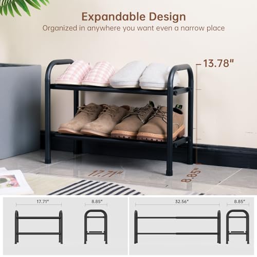 Image of Gonfoam Expandable 2-Tier Shoe Rack for Closet and Entryway, Black | Tool-Free Assembly, Metal Material, Adjustable Shoe Organizer, Sturdy, Small Space Solution, Dorms, Garages, Apartments.