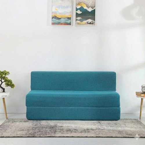 Image of Convertible Fabric Sofa Cum Bed | Foldable Double Foam & Washable Cover with Cushions | Modern Design Use Living Room & Guest Room (Jute-Blue-Multi-Flower, 3X6 Ft)