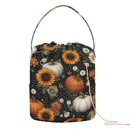 Image of ElliTarr Crochet Bag Yarn Bag with Handle Portable Knitting Project Bag Travel Yarn Storage Organizer Holder Case Black Dotty Pumpkins Sunflowers Daisy