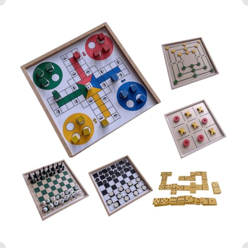 Jogos de Tabuleiro 6 em 1 Xadrez, Damas, Ludo, Jogo Da Velha, Domin&oacute;, Trilha (6 Jogos em 1 caixa)