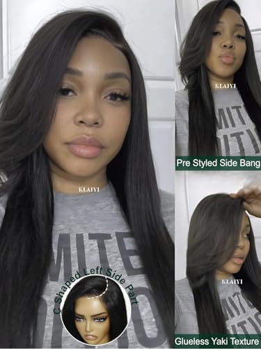Image of KLAIYI Yaki Straight Wig Side Bangs Bye Bye Knots Precut 7x5 HD Lace Front Wigs Human Hair Glueless Drawstring Layered Cut Pre Plucked Bleached Pre Everything 3S Ready to Wear and Go Kinky Wig 22Inch