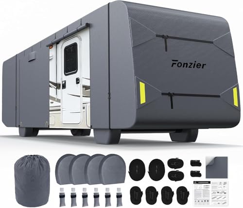 Fonzier Class A RV Cover 31-34ft, 7 Layer Top Heavy Duty Camper Cover, Extra-Thick Waterproof Windproof Anti-UV Rip-Stop Class A Motorhome Cover with 2Pcs Extra Straps, 6 Gutter Covers & 4 Tire Covers