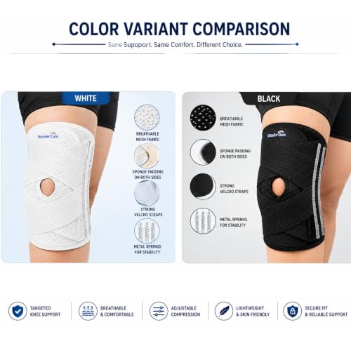Image of Wonder Care Adjustable Wrap Knee Support Brace, Air Mesh Fabric Knee Brace Cap for Pain Relief, Sports, Arthritis, Running Protection Men Women [White] (1, M)