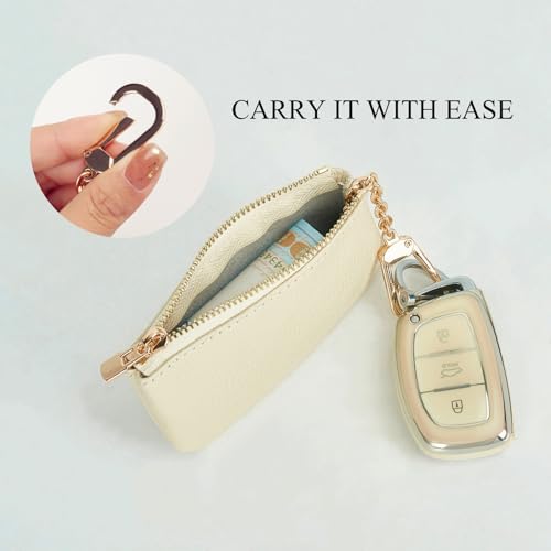 Image of Full Grain Leather Coin Purse with Key Chain - Small Change Purse Keychain Card Holder Keychain Pouch Small Keychain Wallet for Women and Men (Creamy-white), LA-2312