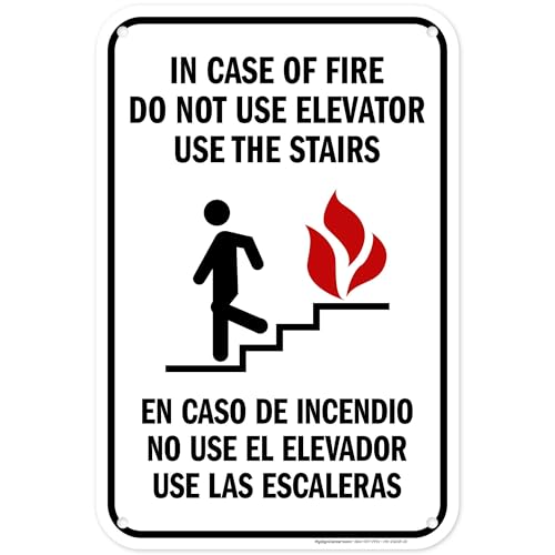 In Case Of Fire Do Not Use Elevator Use The Stairs Bilingual Sign, Fire Safety Sign, 12x18 Inches, 55 mil thick HDPS (high density polystyrene), Made in USA by My Sign Center
