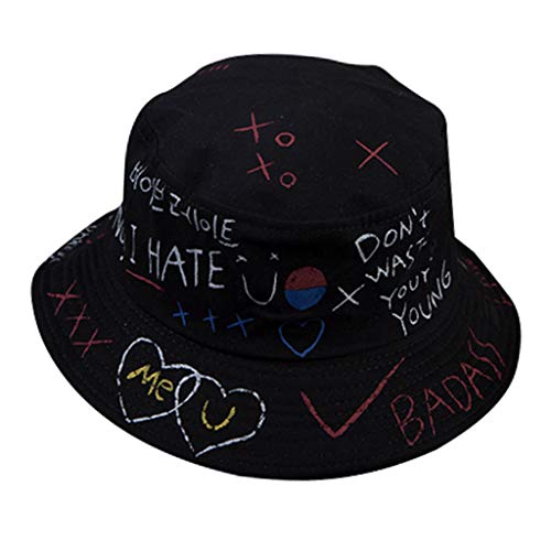 Harajuku Letters Graffiti Print Bucket Hat Men Women Sun Hat Hiphop Style Cap - Preto