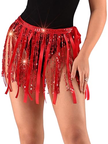 TWINKLEDE Sequin Tassel Skirt Sparkly Fringe Skirt Glitter Tassel Belly Dance Accessorie for Women and Girls (Red)