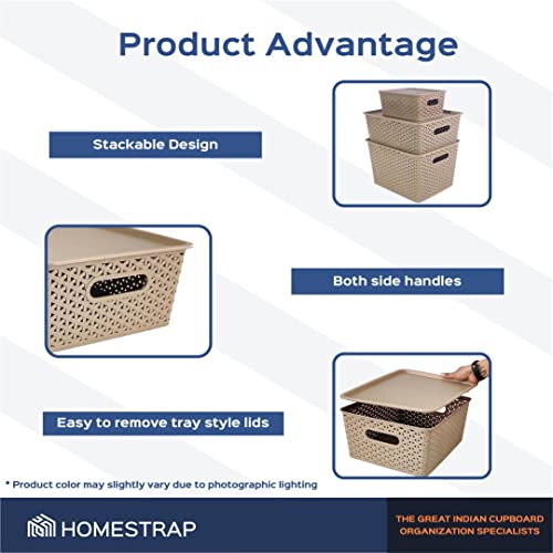 Image of Homestrap Set Of 3 Plastic Storage Organizers /Baskets With Lid For Kitchen, Clothes, Multipurpose Vegetables, Toys, Books, Office, Stationery, Wardrobe(Small, Medium, Large | Biscuit)