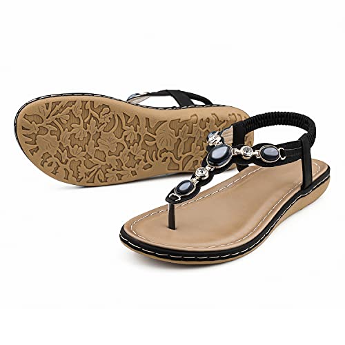 Sandals For Women Casual Summer Jewelry Pearl Sandals T-Strap Thong Bohemian Dressy Flats Shoes Comfy Beach Flip Flops Black 9 #TOP4