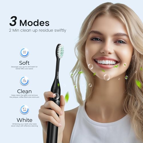 MOPIKO Sonic Electric Toothbrush for Adults - Type C Rechargeable Portable 3 Modes Black Sonic Electric Toothbrush with Travel Kit