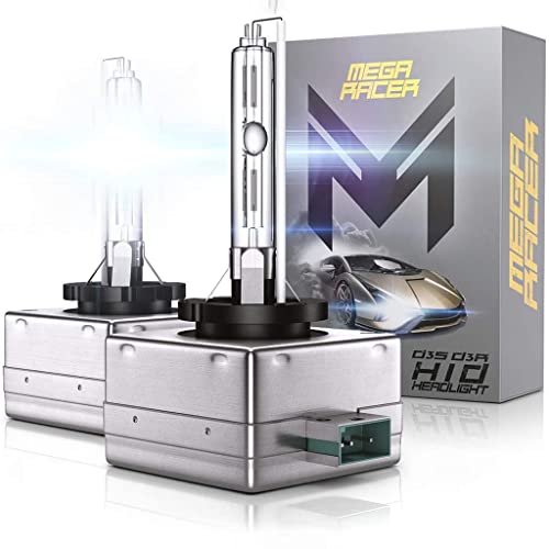 Mega Racer D3S/D3R/D3C HID Headlight Bulbs - 6000K Diamond White, 35W 12V 8000 Lumens, Xenon Gas, Metal Stents Base, Automotive Replacement Bulbs for High Low Beam, IP68 Waterproof Rating, Pack of 2