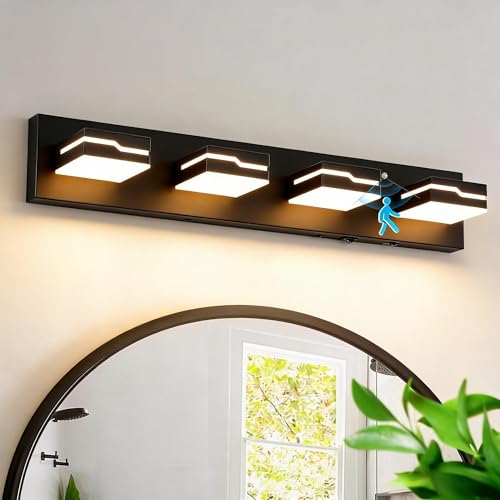 Image of 4-Light LED Bathroom Vanity Light, 25.5-Inch Matte Black | Vanity Light Fixture with Wireless Motion Sensor, 3CCT Dimmable Lighting Over Mirror, Adjustable Acrylic Heads