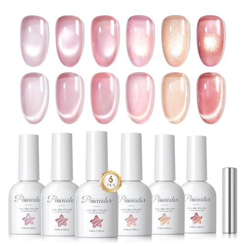 PEACECOLOR Cat Eye Gel Nail Polish - 6 Colours 10ML Jelly Nude Pink Holographic Gel Polish Set U V LED Soak Off Glitter Nail Polish Long Lasting DIY Manicure Set for Home & Salon Use Gifts