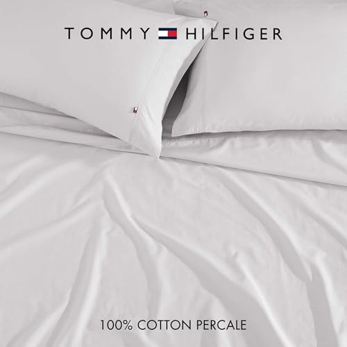 Image of Tommy Hilfiger - Queen Size Sheets Set, Crisp & Tailored Cooling Sheets with a Naturally Smooth Cotton Percale Lightweight Feel - Bed Sheets with Matching Pillowcases & Fitted Sheet (Grey)