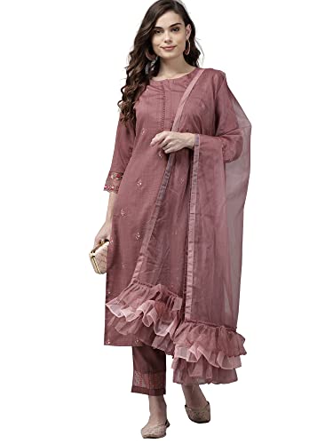 Image of INDO ERA Women's Poly Chiffon Embroidered Straight Kurta With Pant & Dupatta Set (RRRRR8075)