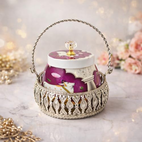 Image of German Silver Metal Basket with Pichwai Jars - Baby Shower Wedding Return Gift Hamper Basket for Dry Fruits, Nuts, Chocolates & Festive Gifting Diwali Puja